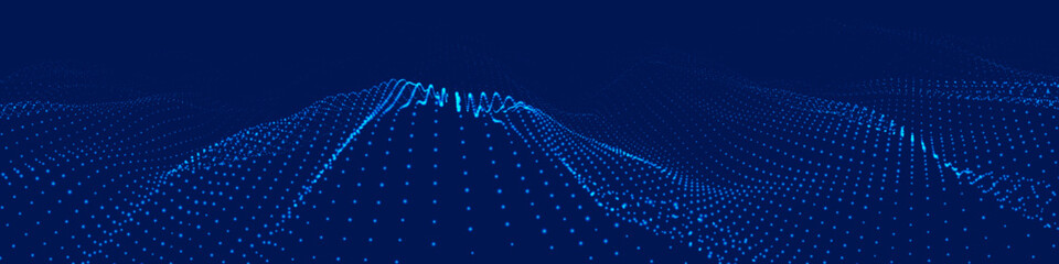 An abstract colorful wave of glowing dots that creates the illusion of moving waves on a dark background. The visualization resembles a dynamic vector 3D wave that combines technology, art of the futu