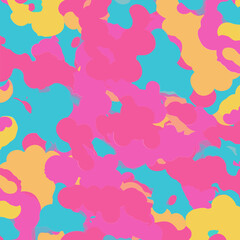 Abstract colorful pattern with pink, yellow, and teal blobby shapes. Vibrant design with no people or objects.