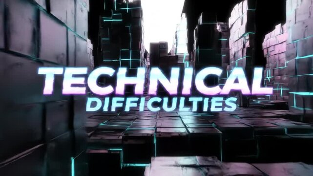 Digital glitch effect with neon grid and futuristic corridor displaying technical difficulties message