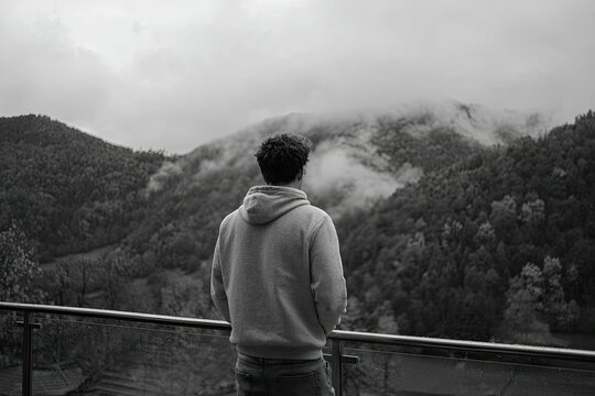 A grayscale view of a person standing on a balcony, gazing at a misty mountain range