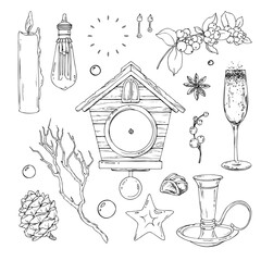 Hand drawn monochrome line art ink illustration of festive Christmas set with clock, branches, baubles, candle and chocolate candies, decorative holiday clip art for seasonal design projects.