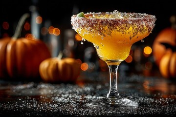 Close-up of Pumpkin Margarita garnished with lime slice, sprinkled with sugar, on dark textured surface. Concept of festive Pumpkin Margarita with Halloween ambiance, pumpkins, bokeh lights.