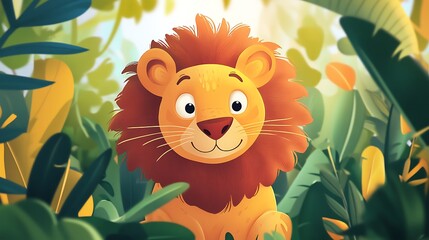 Adorable cartoon lion smiling brightly amongst lush green tropical foliage in a vibrant photo.