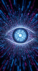 Obraz premium Abstract Digital Eye Glowing Blue Purple Light Streaks Data Flow Futuristic Technology Concept image