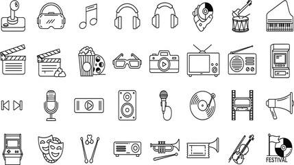 Black-and-white entertainment icon set featuring music, film, theater, gaming, media, and arts for design, education, and creative projects