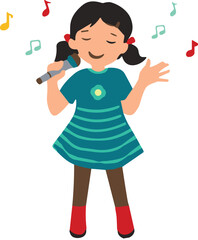 Cartoon girl singing with microphone, musical notes floating around, wearing striped dress, cad drawing flat vector illustration, isolated on white background