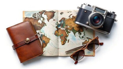 Travel essentials laid out on world map camera vintage camera.