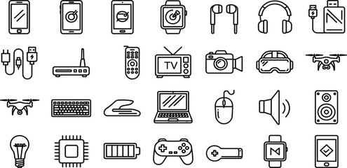 Electronics icon set, black and white, smartphone, smartwatch, drone, camera, headset, charger, vector, isolated, tech gadget bundle