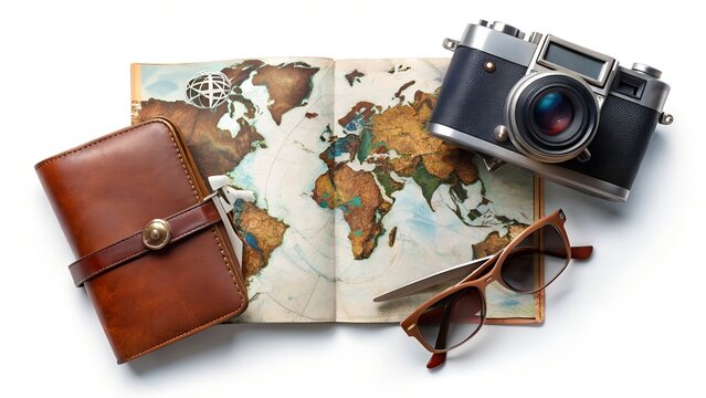 Travel essentials laid out on world map camera vintage camera. - Powered by Adobe