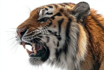 Obraz premium Roaring Tiger Profile Close Up of an Orange and Black Striped Big Cat Against White Background