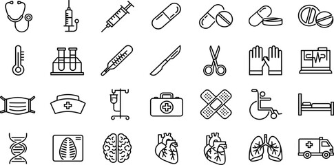 Medical icon set, black and white, syringe, stethoscope, pills, DNA, brain, heart, lungs, vector, isolated, healthcare bundle