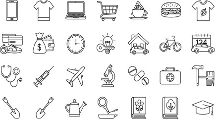 Lifestyle icon set, black and white, food, tech, education, health, travel, tools, vector, isolated, daily essentials bundle
