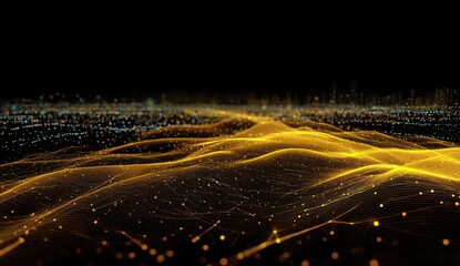 Abstract digital landscape with golden, undulating lines over a city skyline