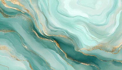 Abstract marble-like background. Teal and mint green hues with gold veins