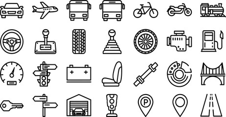Transport icon set, black and white, car, airplane, bus, motorcycle, gear, map, road, vector, isolated, travel bundle