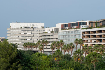 Contemporary apartment complex with palm trees in Montpellier, France, representing Mediterranean lifestyle, sustainable architecture and real estate growth