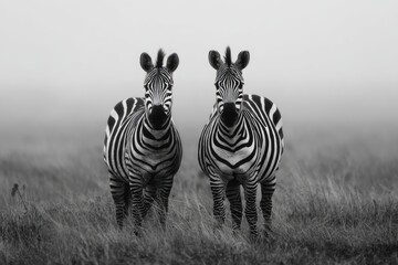 Obraz premium Two zebras in a monochrome African savanna