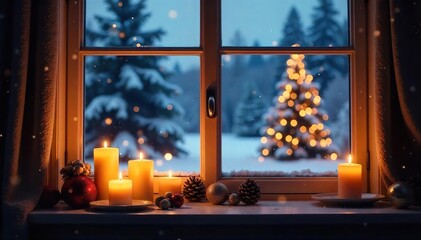 Cozy winter scene with flickering candlelight illuminating a snowy landscape outside a window Perfect for holiday, hygge, and winter themes , magical, snow, winter