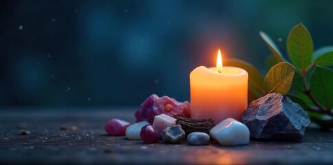 Serene night scene featuring candles, crystals, and sage smudge stick, perfect for promoting relaxation, meditation, and spiritual wellness , darkness, spiritual awakening