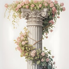 Classical Stone Column Adorned with Pink Roses and Green Vines in a Soft, Elegant Style

