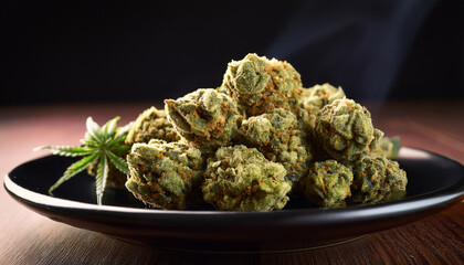 cannabis nuggets on a black plate close up