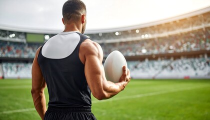 Rugby player holding ball, stadium background