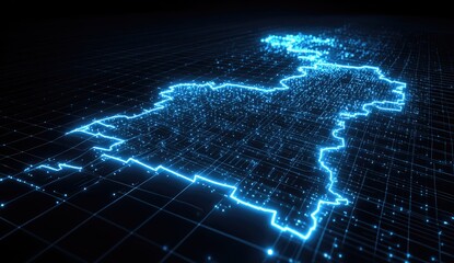 Digital map, glowing blue outline, gridded