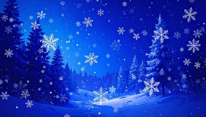A digitally rendered winter scene featuring falling snowflakes and snow-covered evergreen trees against a gradient blue background. A magical, cold atmosphere pervades the artwork