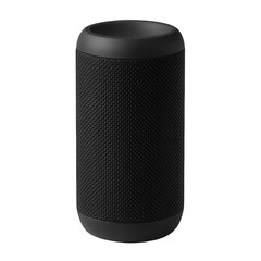 Photo of a cylindrical black portable bluetooth speaker with a textured fabric grille, isolated on a transparent background