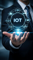Businessman Hand Holding Holographic Io T Network Sphere Smart Home Car Cloud Security People Technology Concept