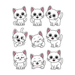 Fototapeta premium Cartoon illustration of eight orange cats in various poses and expressions arranged in two rows on white background