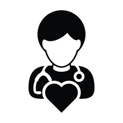 Doctor icon vector male person profile avatar with stethoscope and heart symbol for cardiologist medical consultation in Glyph pictogram illustration