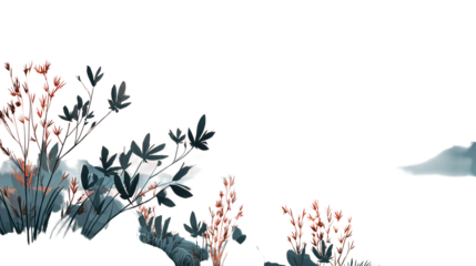 Minimal sunset landscape vector with plants, sea, and mountains in gradient tones isolated on transparent background 