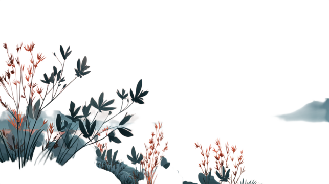 Minimal sunset landscape vector with plants, sea, and mountains in gradient tones isolated on transparent background