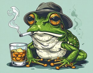 A frog in a hat, smoking and drinking