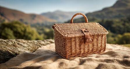 A wicker picnic basket sits on a blanket against a backdrop of hills