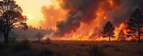 Fierce wildfire raging through a dry forest, consuming trees and underbrush, smoke billowing into the sky A scene of intense destruction and the power of nature , fire damage, blaze
