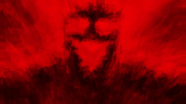 Creepy smiling demon of the night spreads his wings and steals the sun. Scary grunge animation on black and red background. Motion graphics for music clips and VJ loops. 4K animated video clip with br