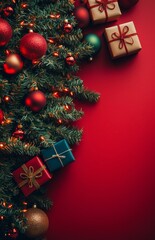 Festive Decorations With Red Gifts and Ornaments on a Christmas Tree Against a Red Background.