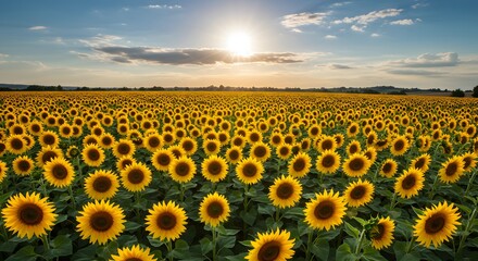 Obraz premium Sunflower field at sunset