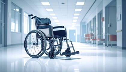 Wheelchair in hospital corridor as symbol of healthcare, mobility and medical assistance