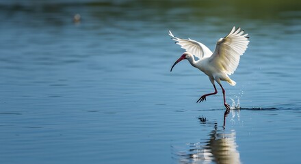 White ibis landing on water