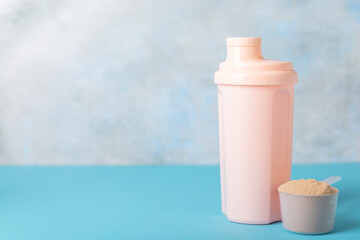 Protein powder. protein shake. Shaker bottle with protein. Food supplement. Whey protein powder...