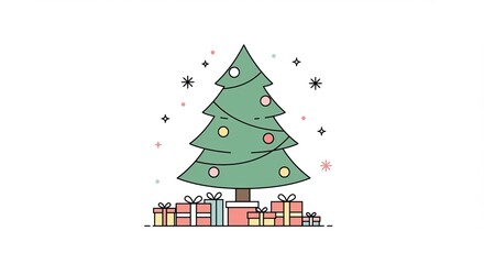 Minimalist vector Christmas tree with presents in pastel colors  
