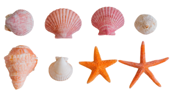 A collection of colorful seashells and starfish showcasing various shapes and textures.