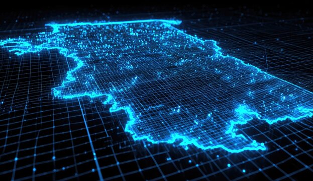 Digital map of a region, outlined in glowing blue lines, overlaid on a grid. Data points visible as small, bright lights. Dark background