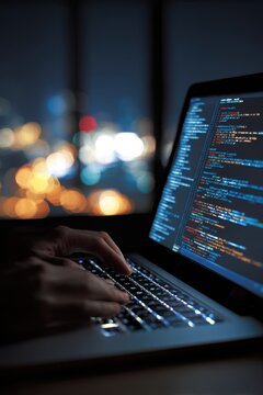 Nighttime Coding Hands Typing on Laptop with City Lights Blurred Background