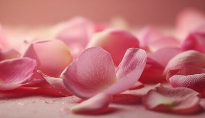 Delicate pink rose petals scattered on a soft pink background