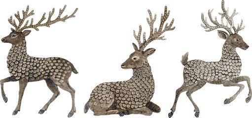 Vector Freehand Watercolor Christmas reindeer set with detailed antlers in different poses. Festive holiday watercolour clipart for cards, invitations, crafts, winter seasonal design. Hand drawn deer