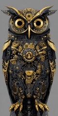 Obraz premium Mechanical owl, black and gold, intricate detail